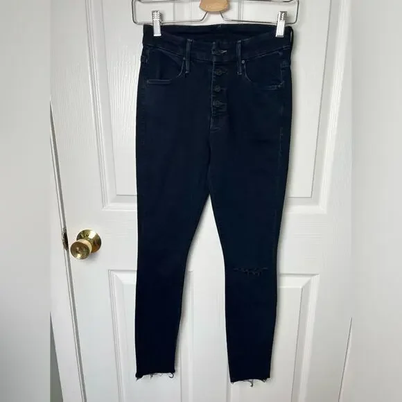Mother The Pixie Ankle Fray High Waisted Dark Blue Distressed Skinny Jeans 24